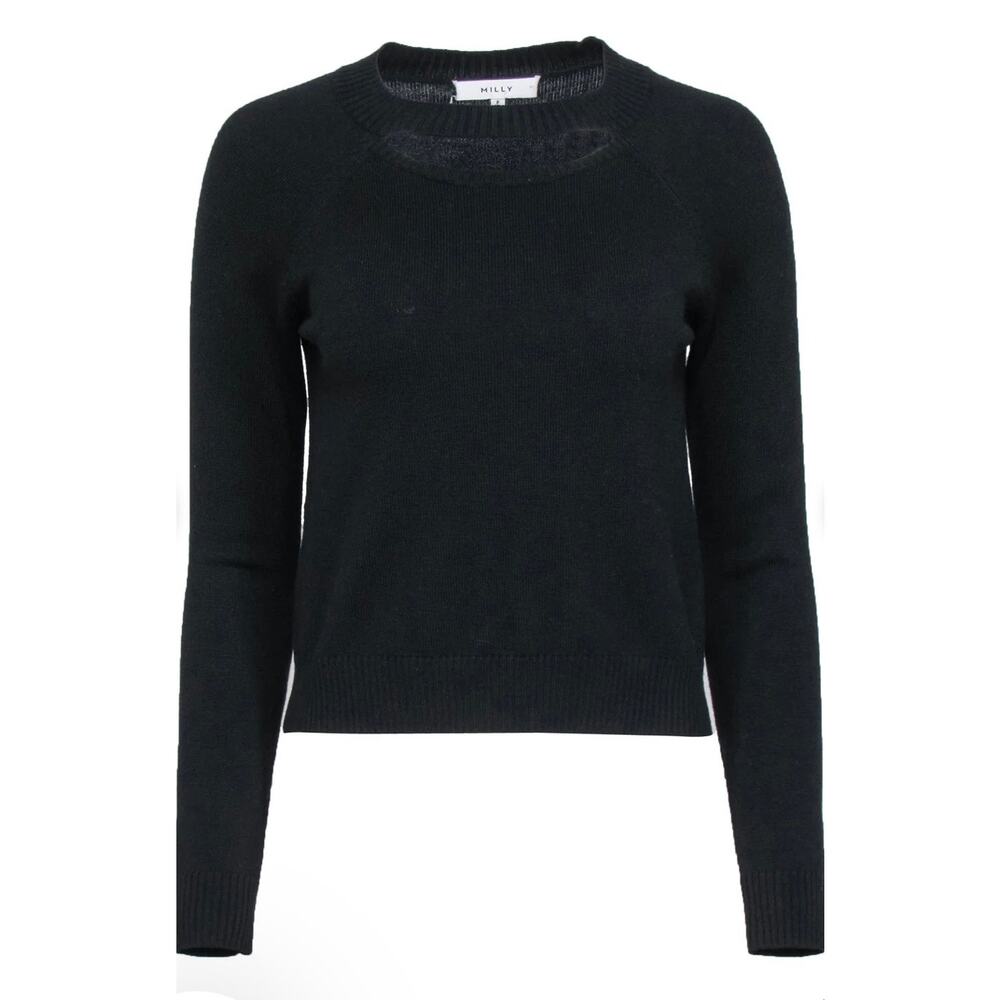 Milly Designer White Label Black Wool Scoop Neck Sweater Size Large